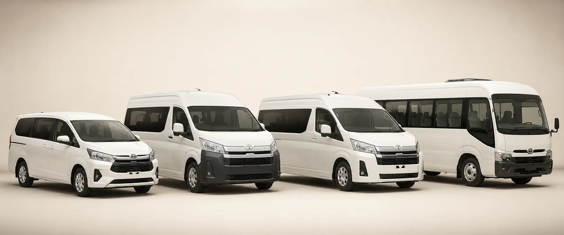 Bus World lineup with smaller people carrier, 12 seater van and larger van alternatives