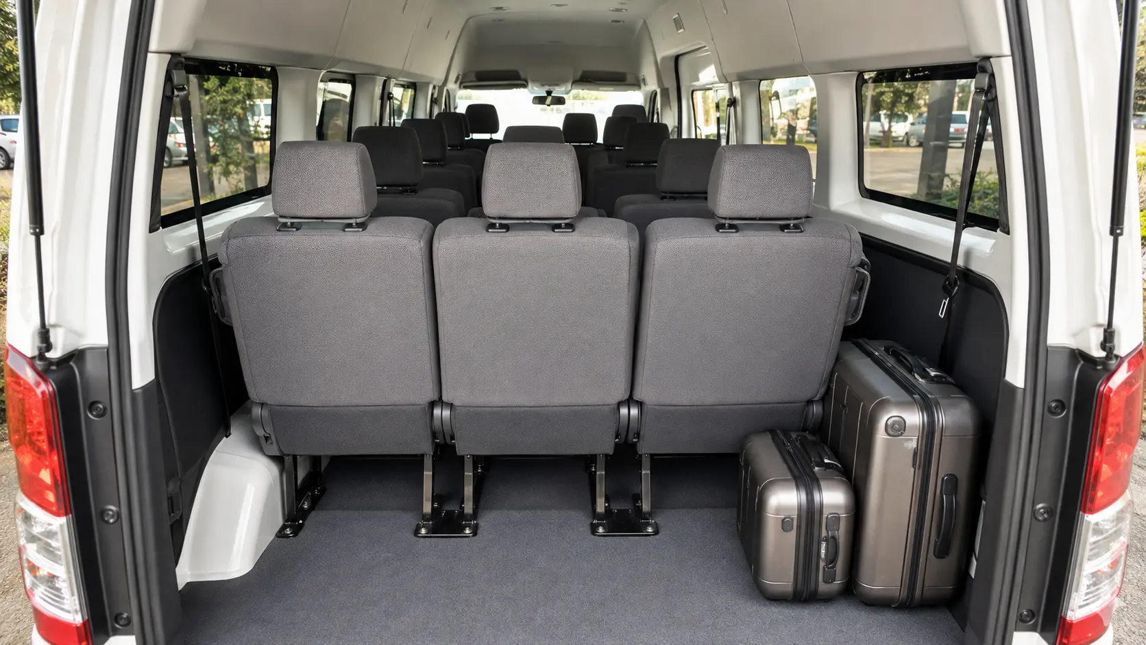 Passenger seating and luggage configuration inside a 12 seater van