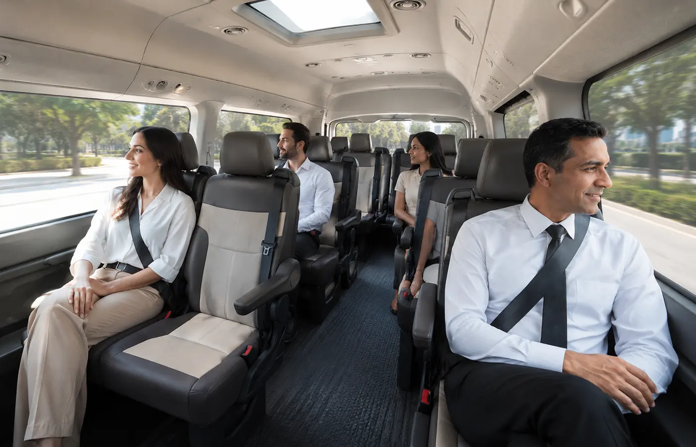 Passenger cabin and comfort features inside a 13 seater van