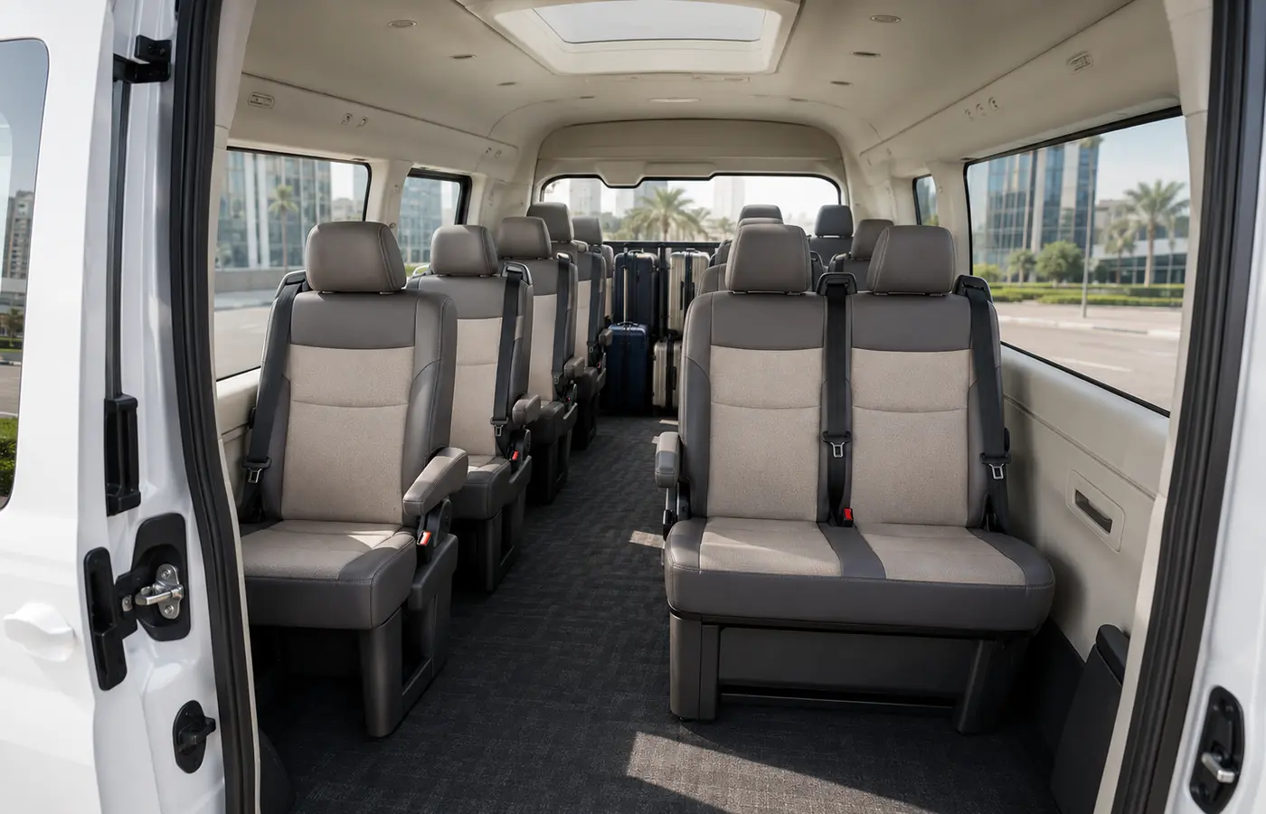 Passenger seating and luggage configuration inside a 13 seater van