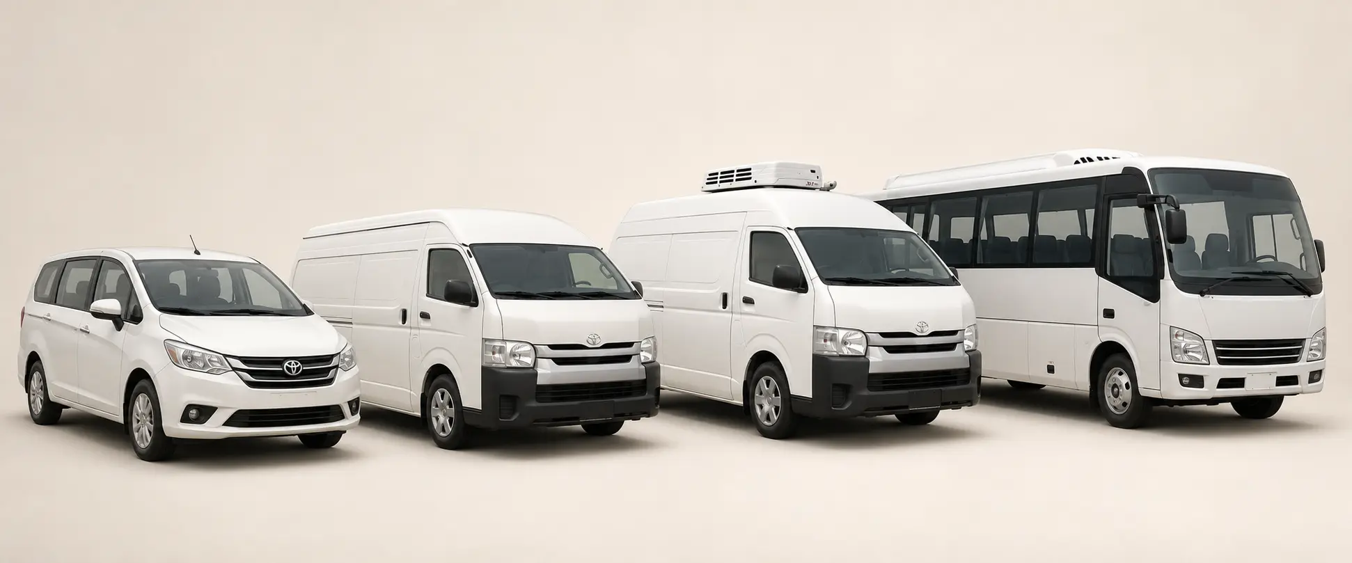 Bus World fleet lineup with van, chiller van and alternative transport vehicles