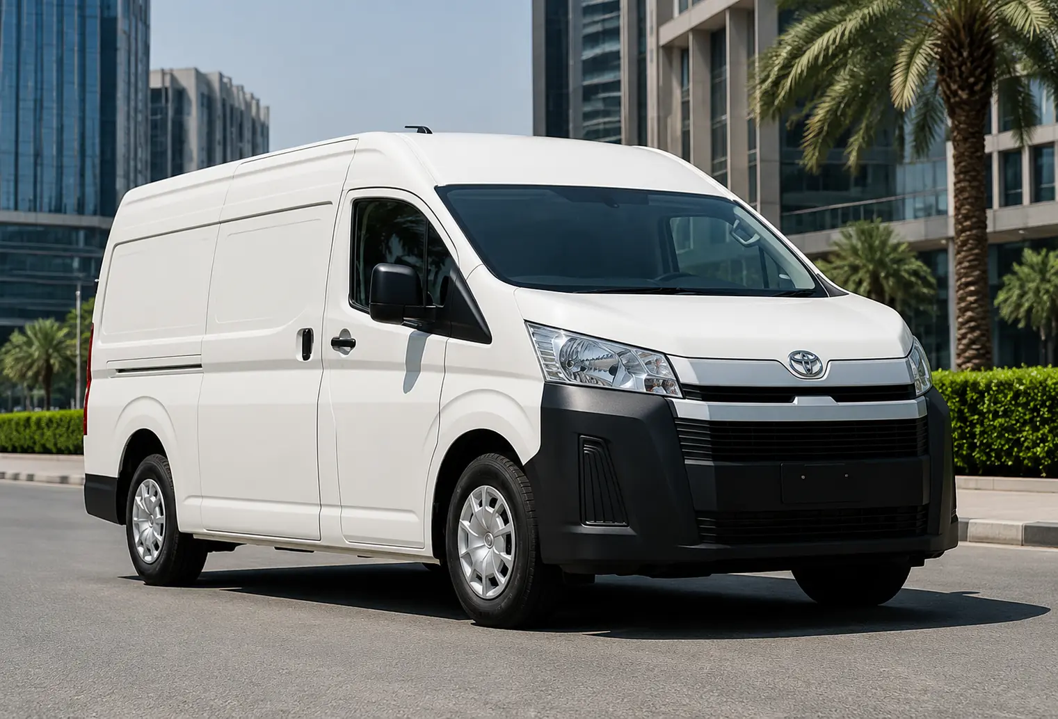 Front exterior view of a delivery van for hire in Dubai