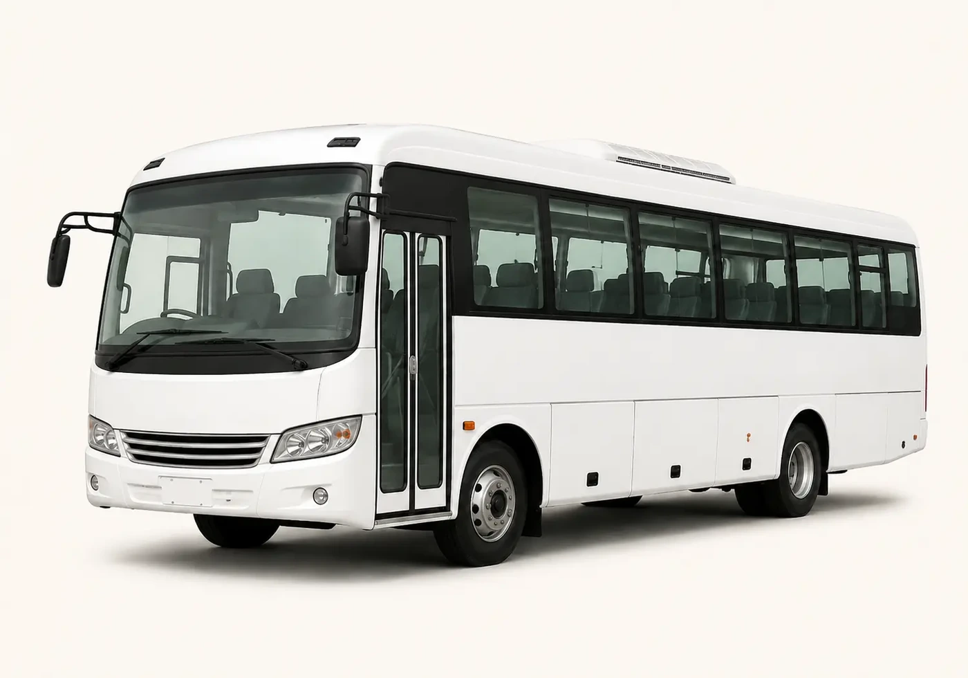 White 30-seater bus shown as a larger alternative to a minibus
