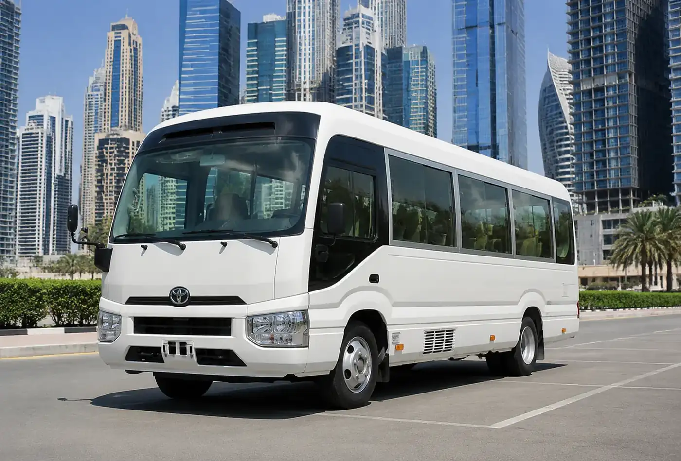 Front exterior view of a passenger minibus for rental in Dubai
