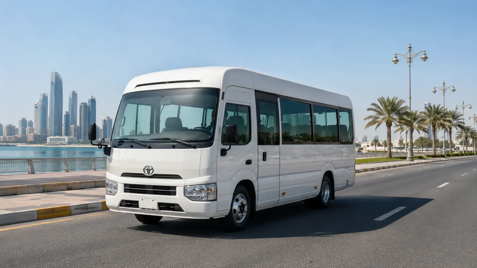 Bus rental Abu Dhabi with a modern coach and Abu Dhabi skyline