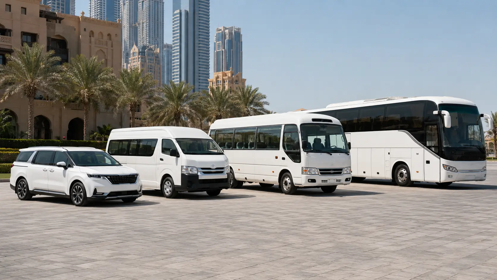 Bus World Dubai fleet lineup from small vehicle to large coach