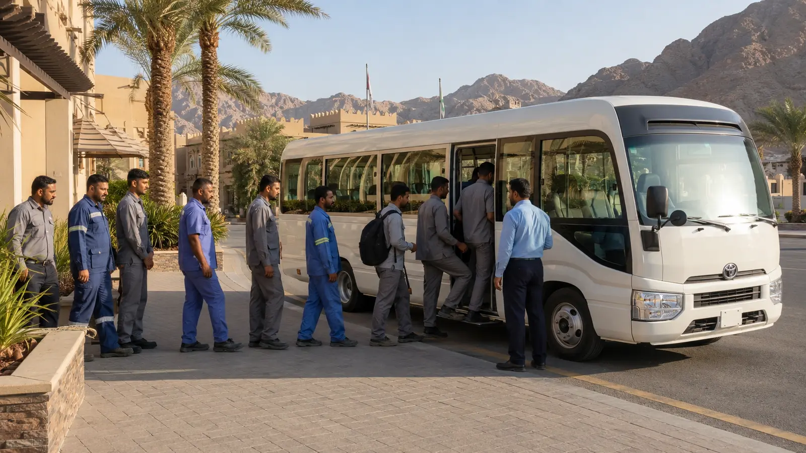 Staff transport buses in Ras Al Khaimah industrial area