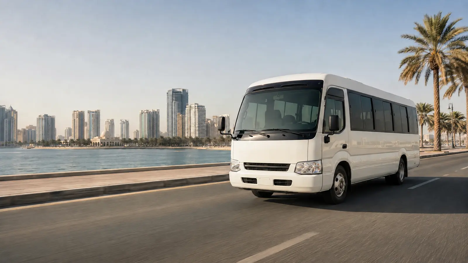 Bus rental Sharjah with a modern group transport bus in Sharjah