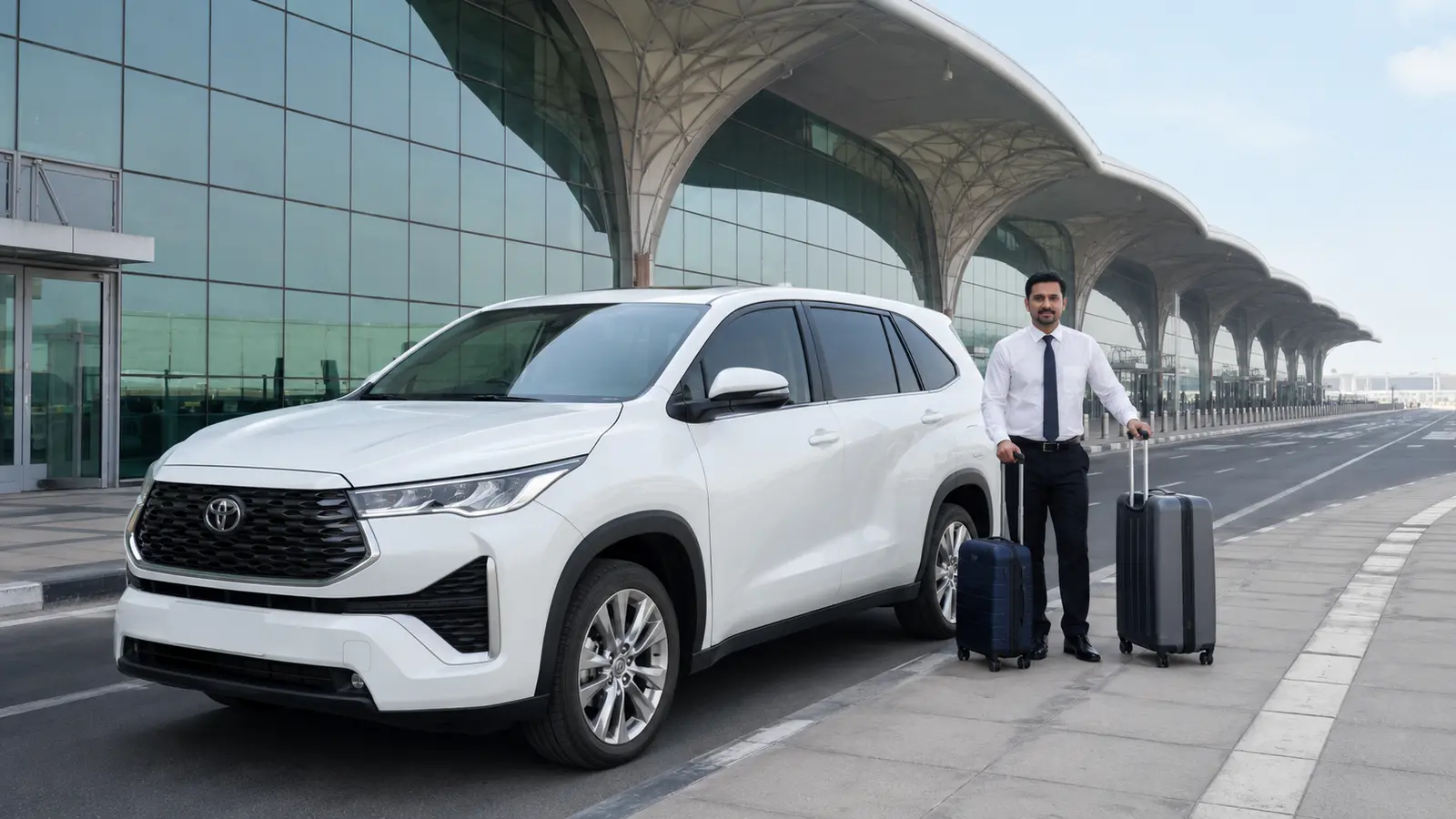 Private car with driver waiting outside Dubai airport terminal for arriving passengers