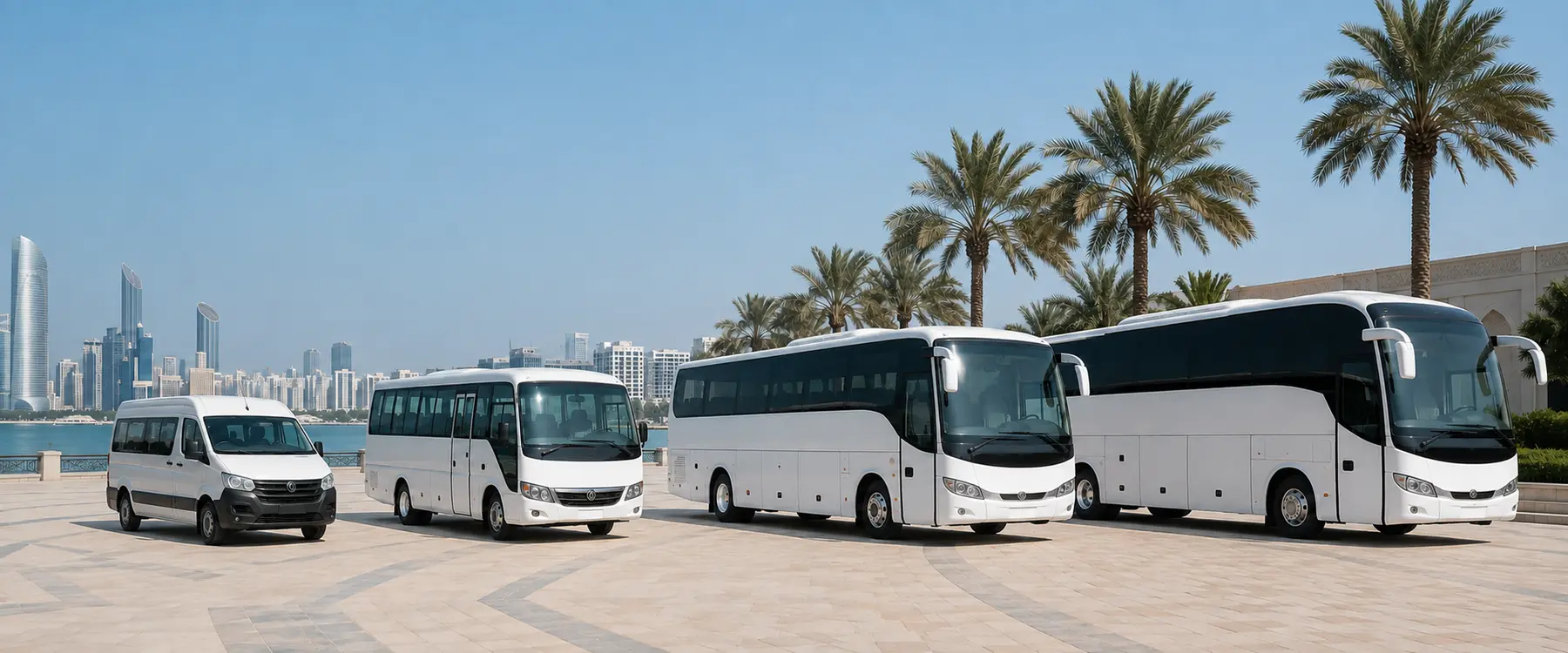 Bus World vans, minibuses and coaches ready for Abu Dhabi sightseeing groups.