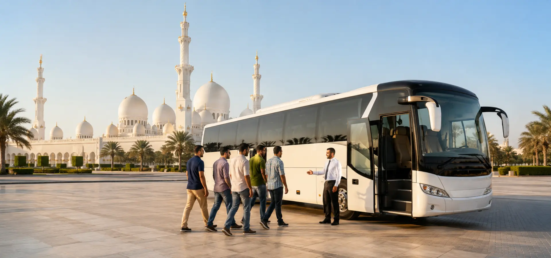 Private minibus and coach transport for an Abu Dhabi city sightseeing group near Sheikh Zayed Grand Mosque.