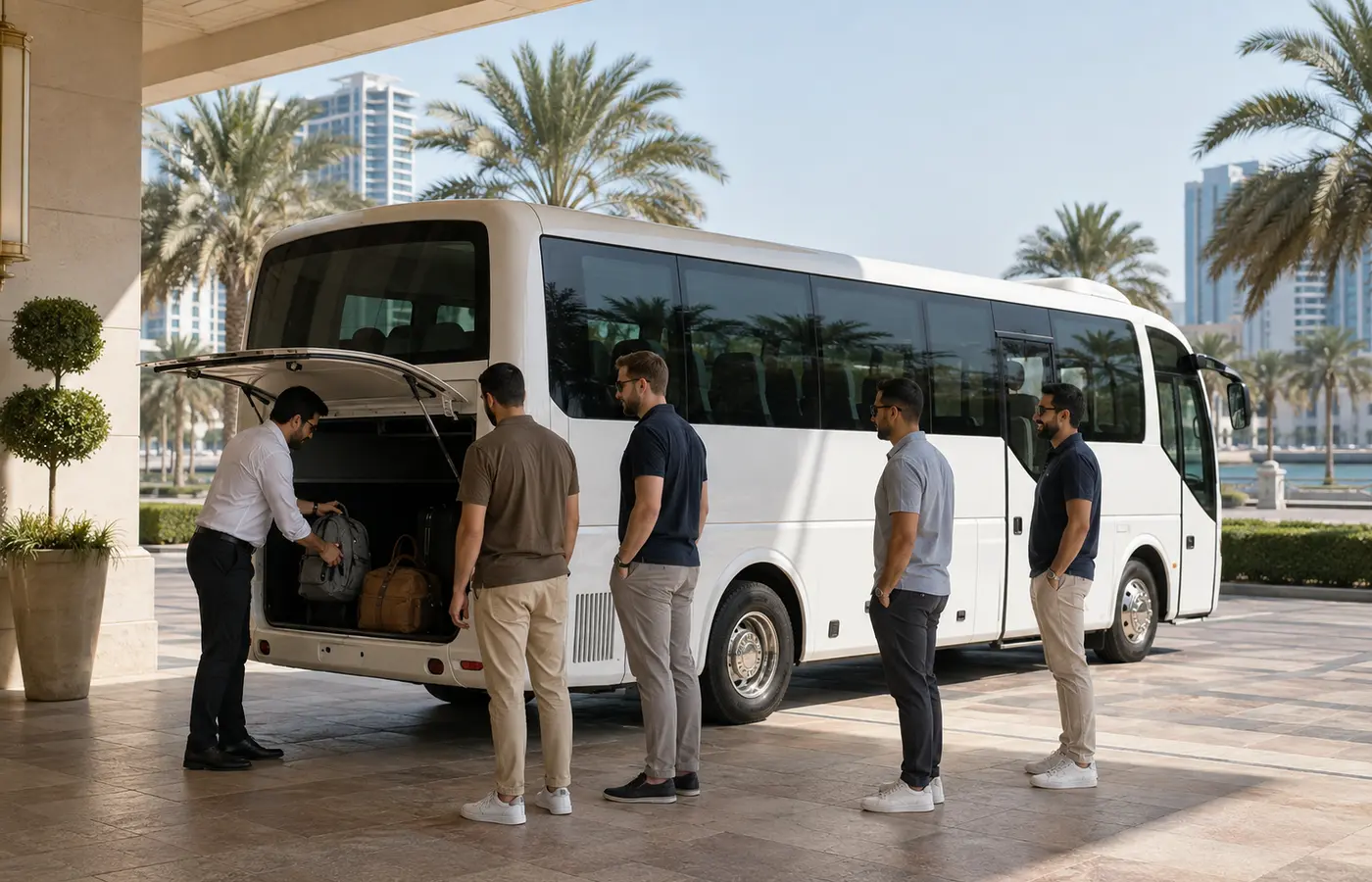 Large private sightseeing group boarding a bus for an Abu Dhabi city tour.