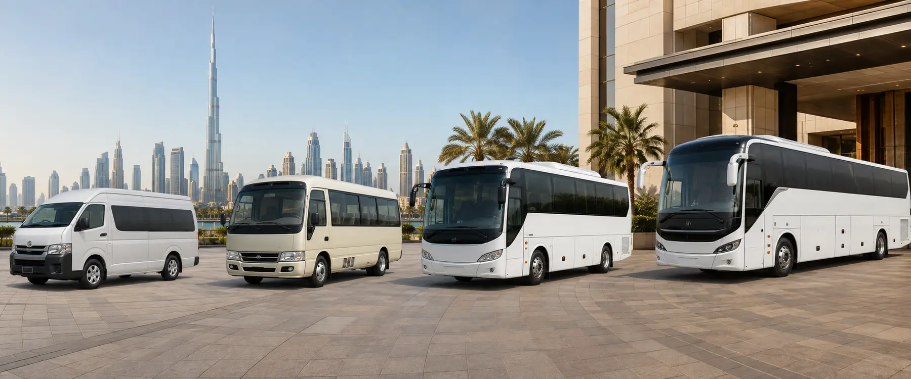 Bus World private tour vehicles ready for a Dubai city sightseeing booking.