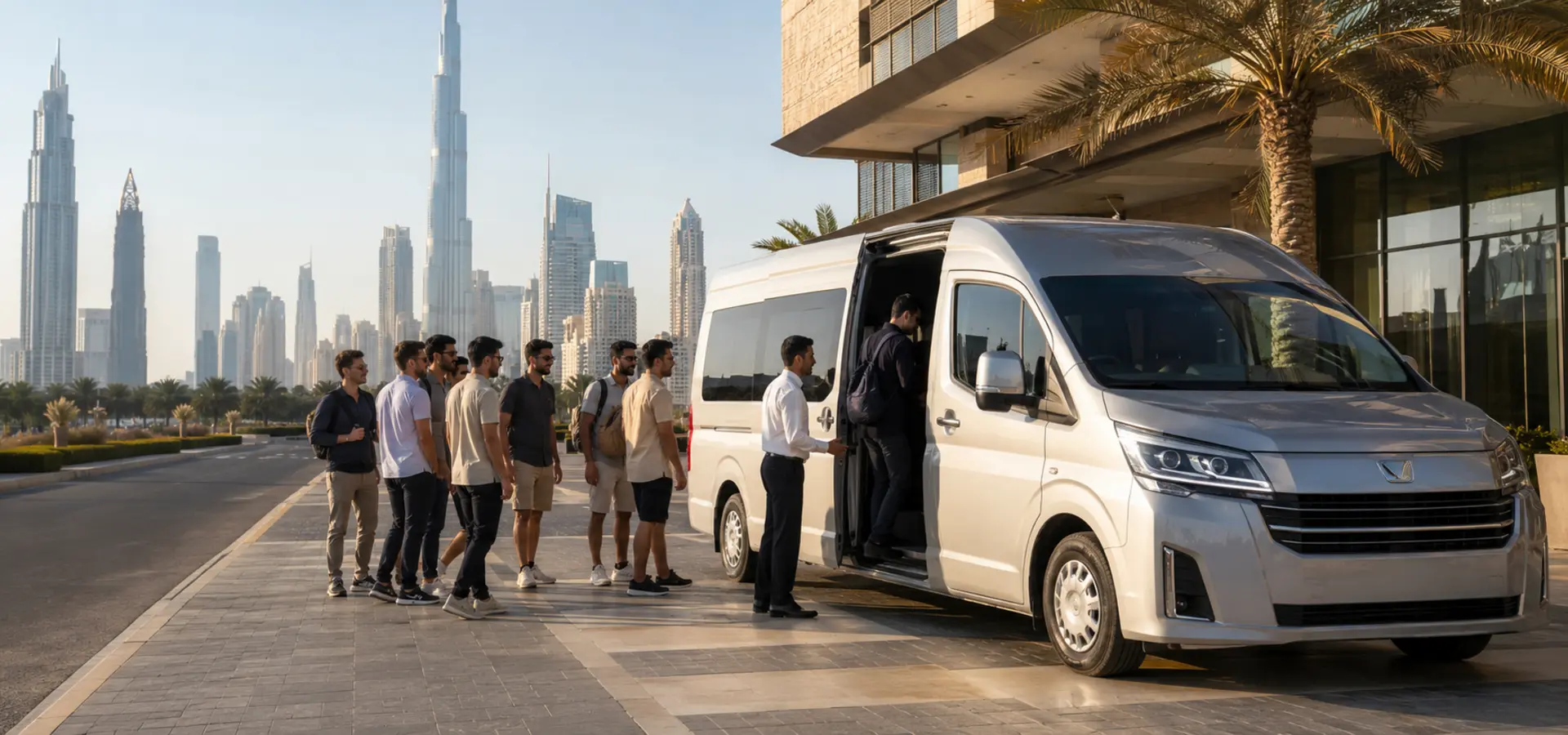 Private passenger van with a group preparing for a Dubai city sightseeing tour.
