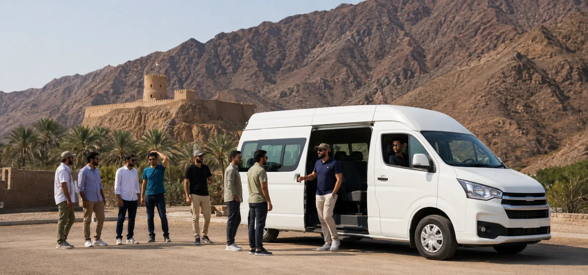 Private group vehicle on a Fujairah East Coast sightseeing route with Hajar Mountains and Gulf of Oman scenery.