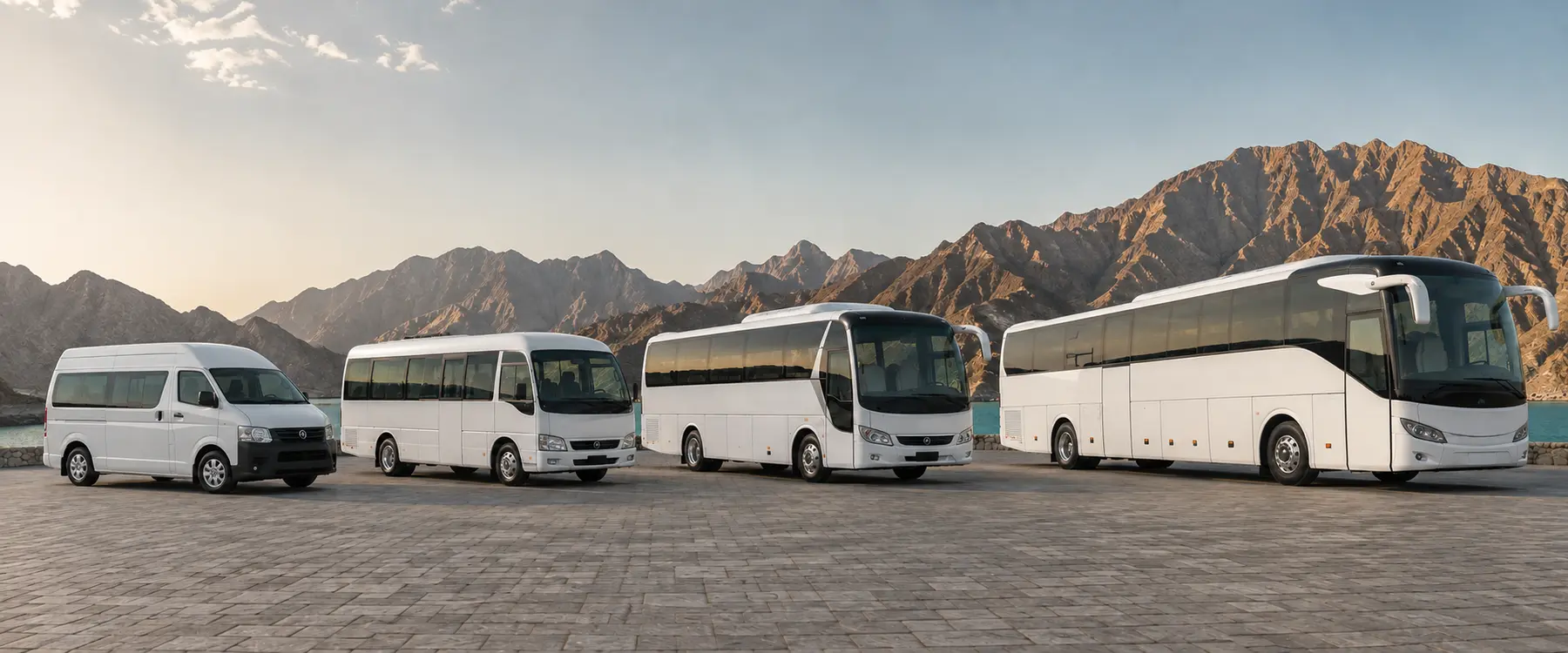 Bus World vans, minibuses and coaches ready for private Hatta mountain day trips.