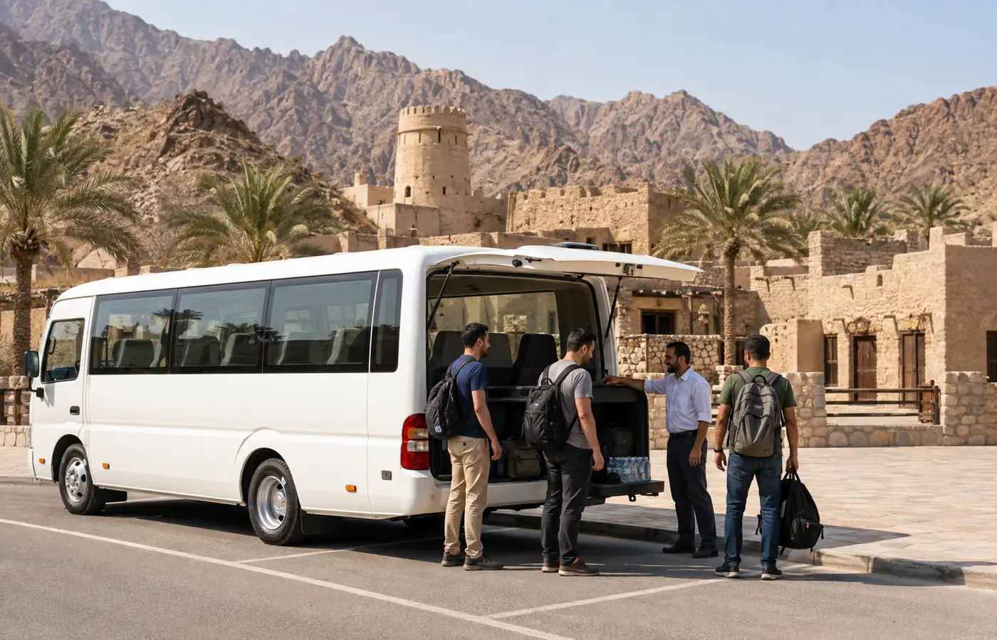 Private Hatta tour group with passenger transport near Hajar Mountain scenery.
