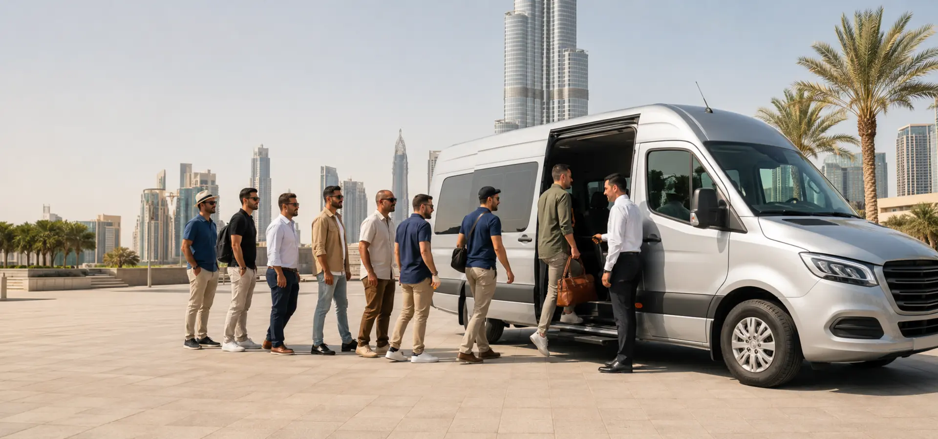 Luxury passenger van and minibus for a private UAE sightseeing tour with a family group.